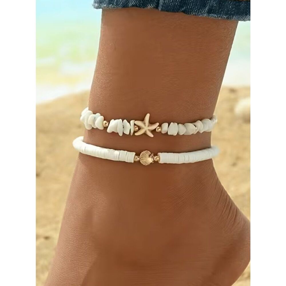 NWT Bohemian Ankle Bracelets Starfish & Scallop Shell Seed Bead & Clay Beads
